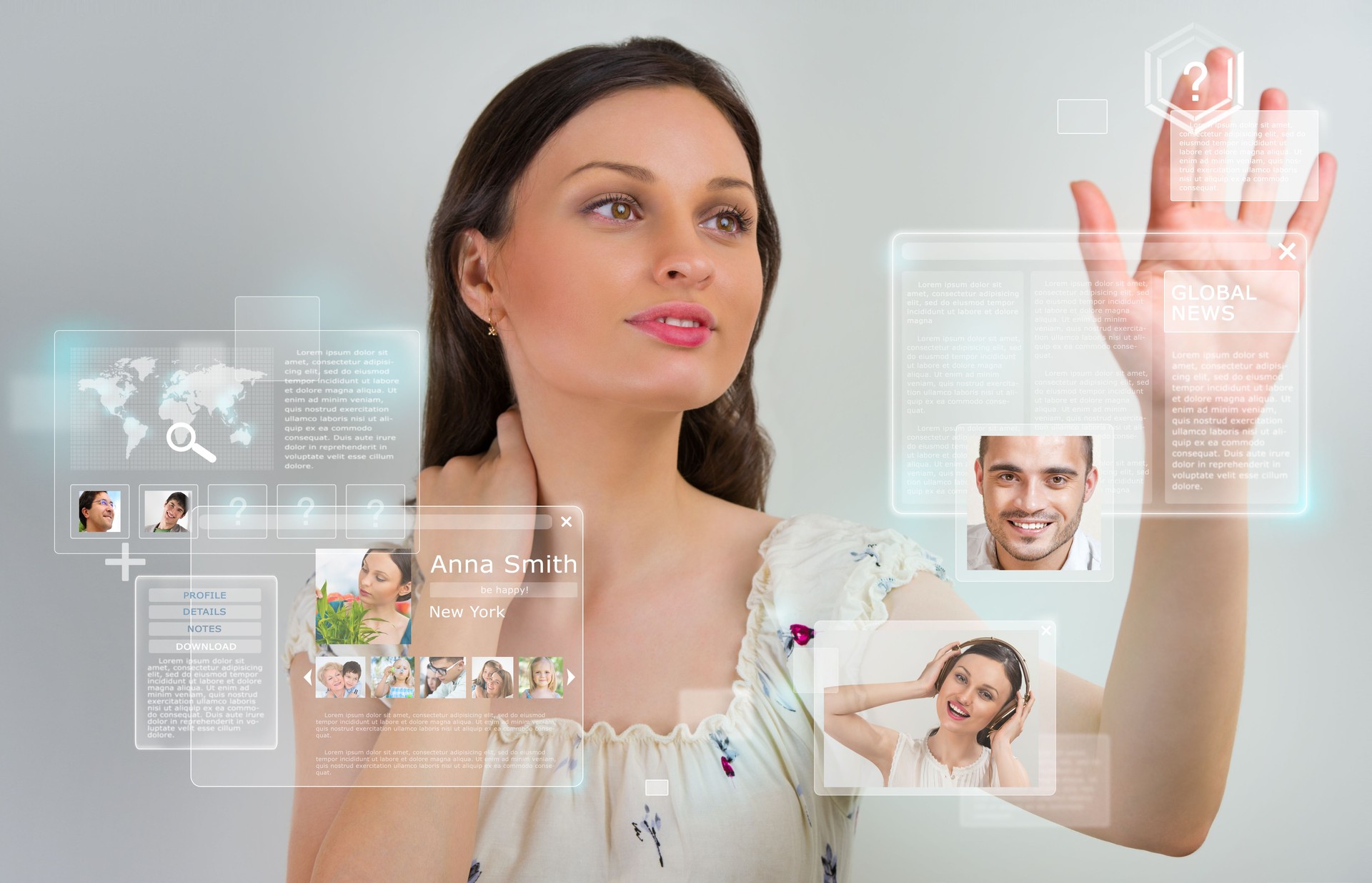 Young pretty woman using social media virtual interface