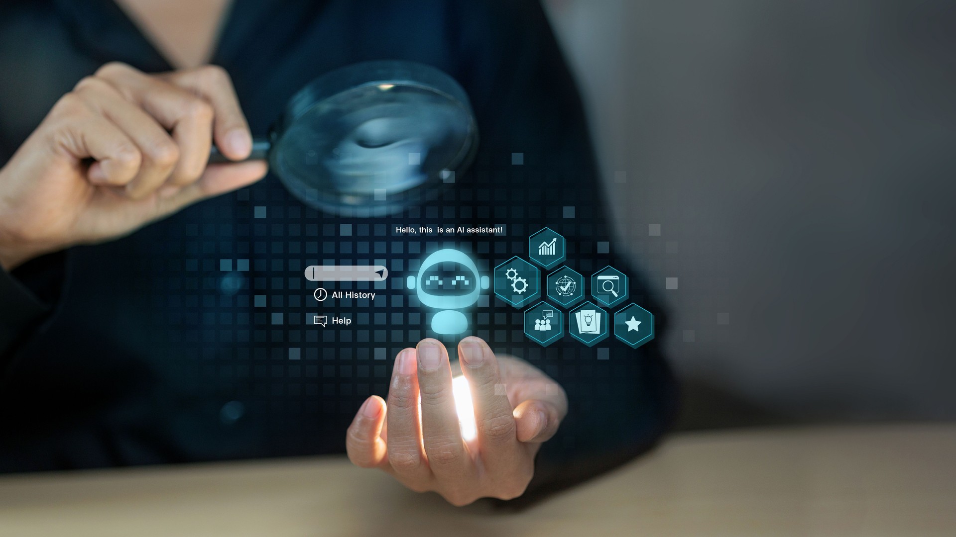 Artificial Intelligence Virtual Assistant with Digital Technology Icons
