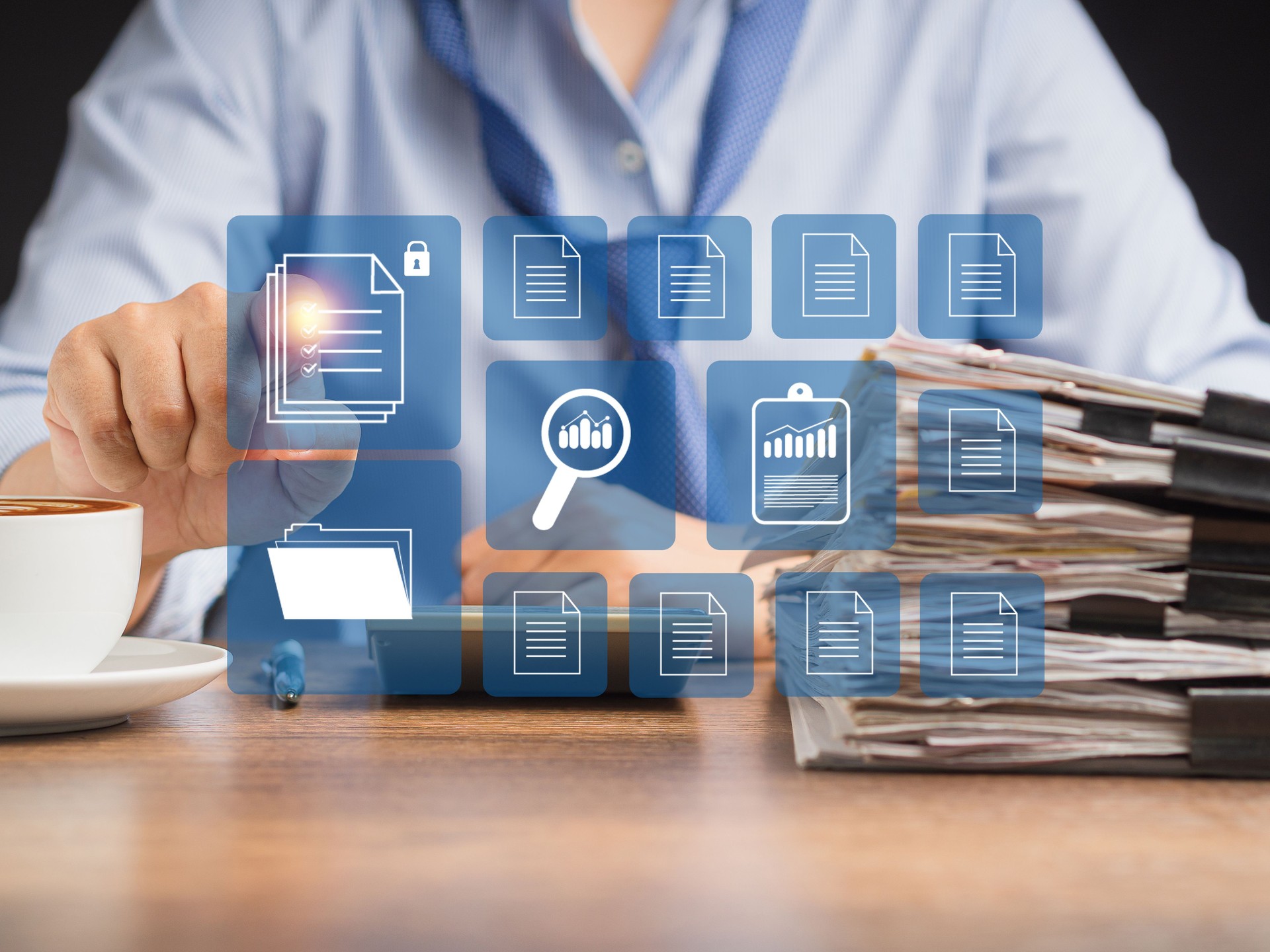 Businessman in a blue shirt working at digital documents with checkbox lists on virtual screen