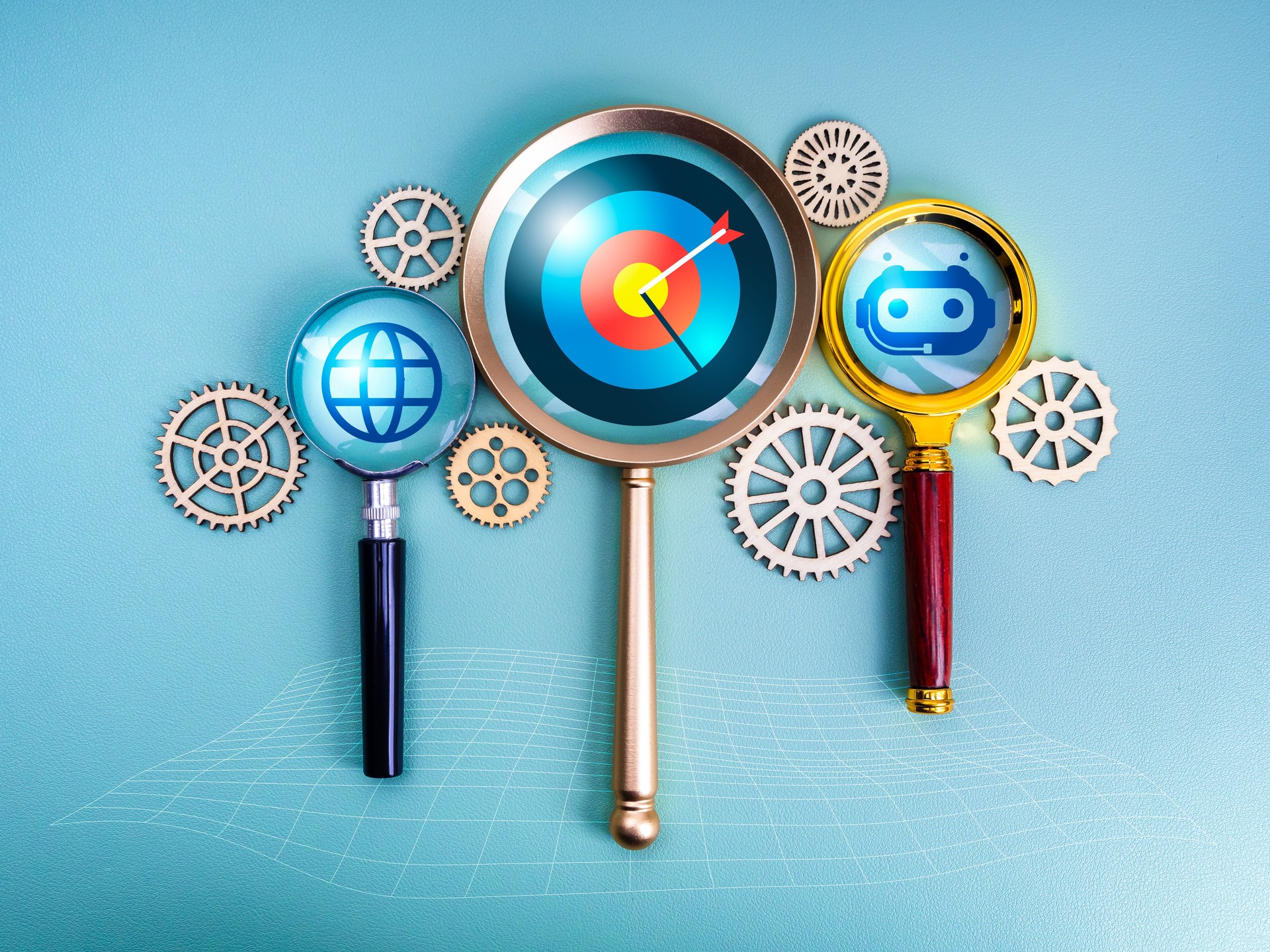 Artificial Intelligence service workflow and solution, business goal and success concept. Target dart, internet online globe and AI bot icons in magnifying glass connected by gears, blue background.
