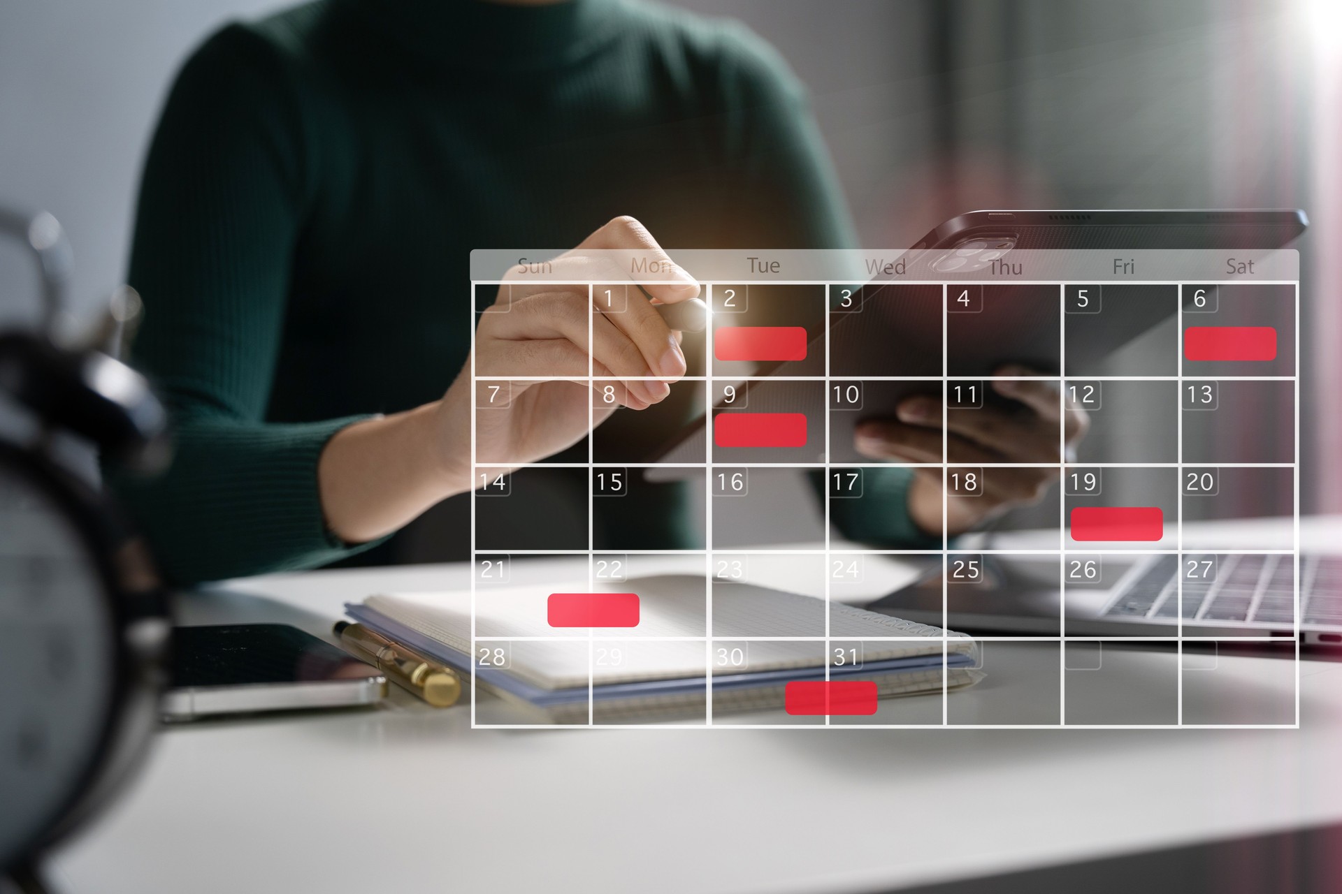 Business woman using digital tablet and smartphone with calendar planner and organizer to plan and reminder, schedule, timetable, and management, event planning.